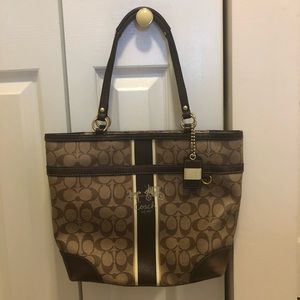 Brown Monogram Coach Purse w Colorful Plaid Liner